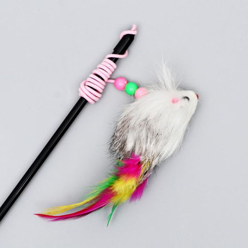 Дразнилка-удочка с мышью из натурального меха с перьями, микс цветов - Пижон фото 2