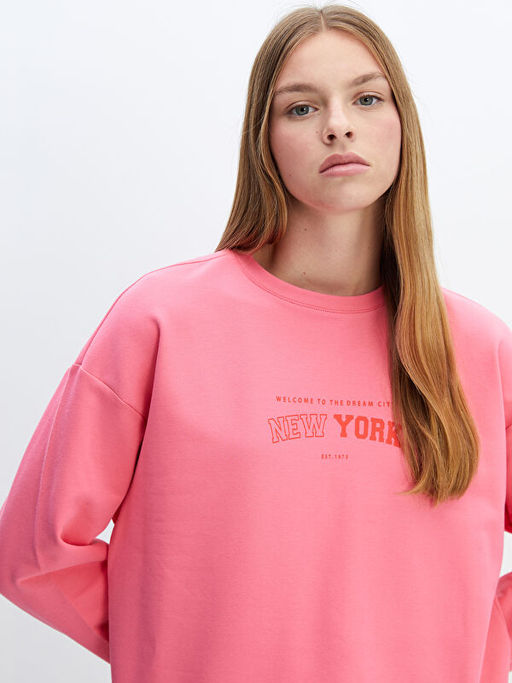 Bisiklet Yaka Bask?l? Oversize Kad?n Kal?n Sweatshirt Tunik