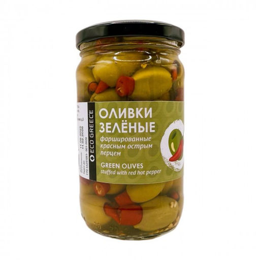 Оливки, фаршированные красным острым перцем, EcoGreece, ст.банка, 340г