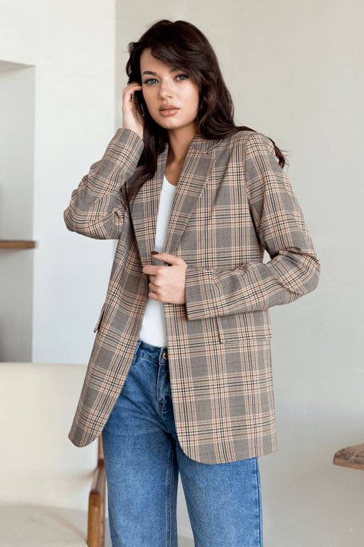 Песочный жакет клетка в стиле оверсайз