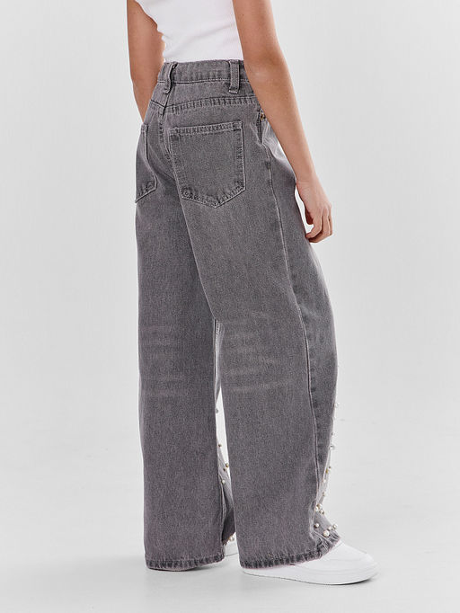 Джинсы для девочек серые с декоративными бусинами - Mark formelle фото 3