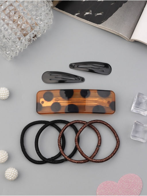 Цена за 6 шт. Набор для волос QF «Флоренс лео», 4 резинки 6.5 см, заколка - автомат 9 см, 2 заколки 4.5 см, чёрный, коричневый