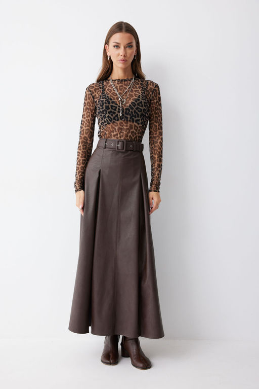 Юбка Lyushe 4187 из экокожи коричневая макси  фото 3
