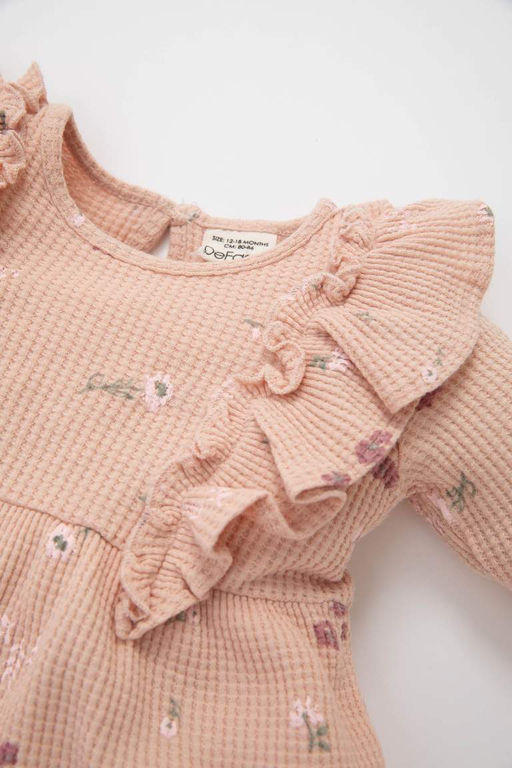 Вафельное платье с длинными рукавами и цветочным принтом для маленьких девочек - Defacto фото 2