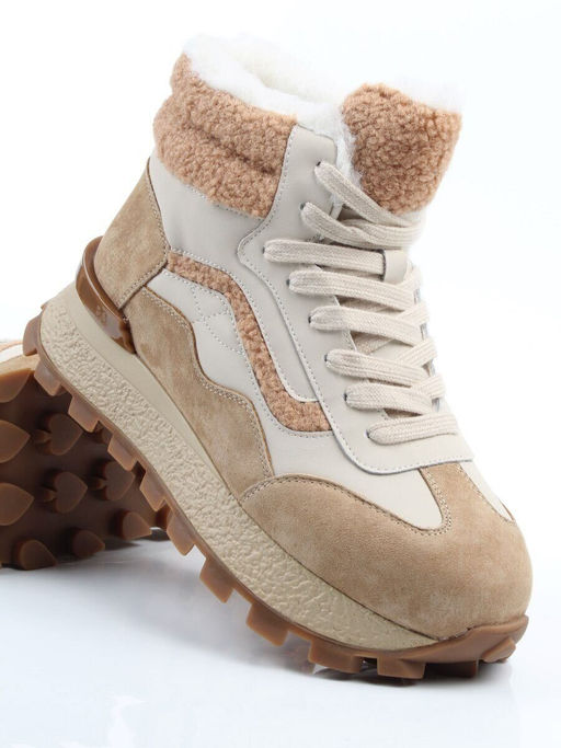 04-WG042-2M BEIGE/WHITE Кроссовки зимние женские (натуральная кожа, натуральная замша, 100% шерсть)