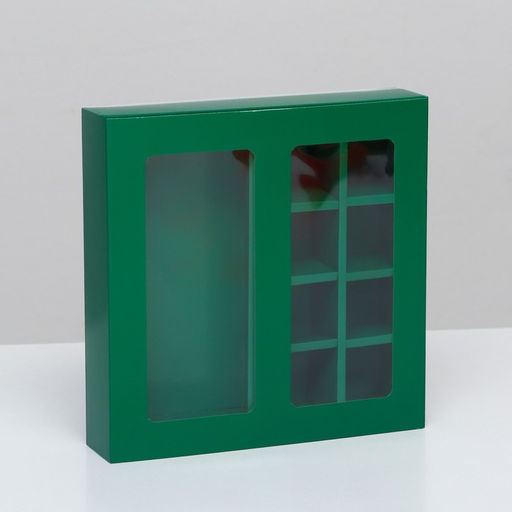 Коробка для 8 конфет + шоколад, с окном зеленая 17.7×17.85×3.85 см