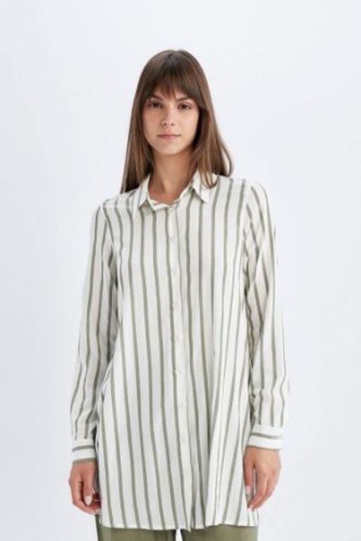 Regular Fit Cizgili Basic Duz Uzun Kollu Gomlek Tunik