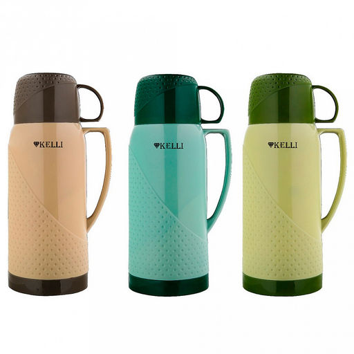Термос со стеклянной колбой Kelli 1л, корпус пластиковый, 2 чашки в комплекте, ручка для переноски, темно-зеленый (Китай) - Домашняя мода фото 2