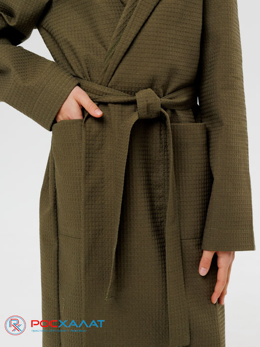 Подростковый вафельный халат с капюшоном хаки В-18 (26)