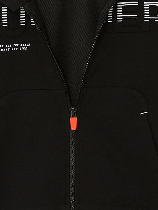 Kap??onlu Bask?l? Uzun Kollu Erkek ?ocuk Fermuarl? Sweatshirt