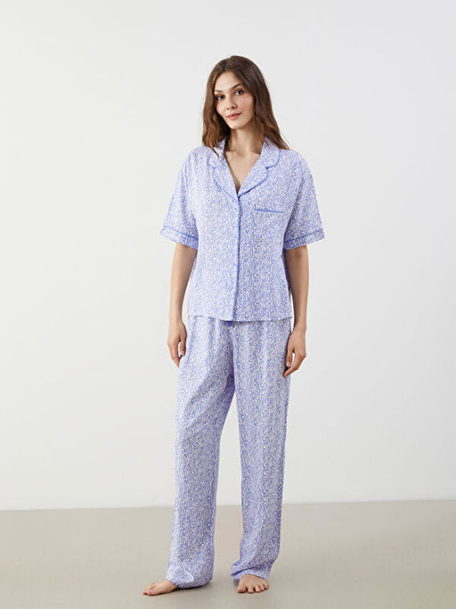 G?mlek Yaka Desenli Kad?n Pijama Tak?m?