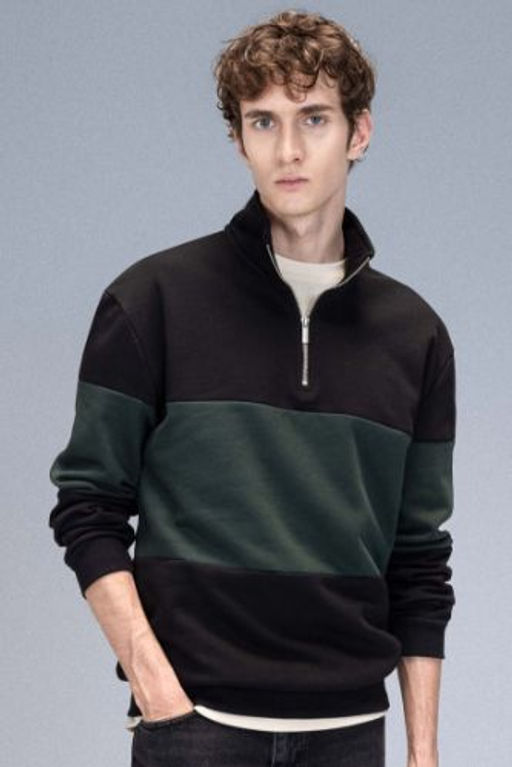 Comfort Regular Fit Rahat Kal?p Dik Yaka Fermuarl? Cizgili Kal?n Sweatshirt