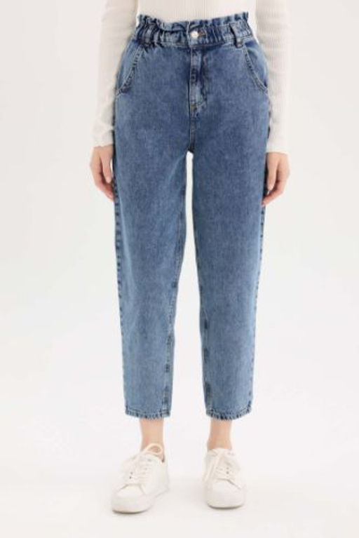 Paperbag Rahat Kesim Yuksek Bel Beli Lastikli Hafif Duz Paca Jean Y?kamal? Pantolon