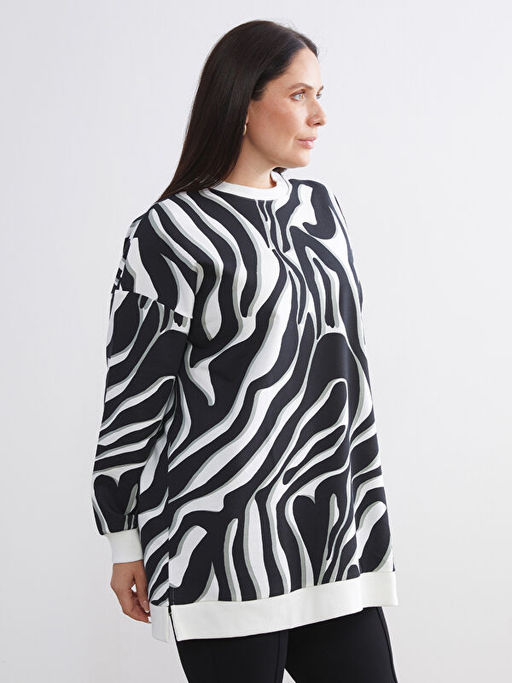B?y?k Beden Bisiklet Yaka Desenli Kad?n Sweatshirt Tunik