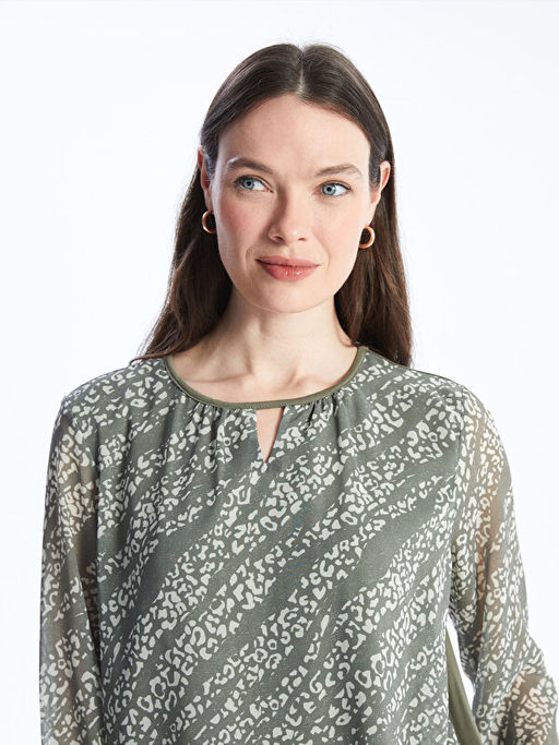 Bisiklet Yaka Desenli Uzun Kollu Kad?n Bluz