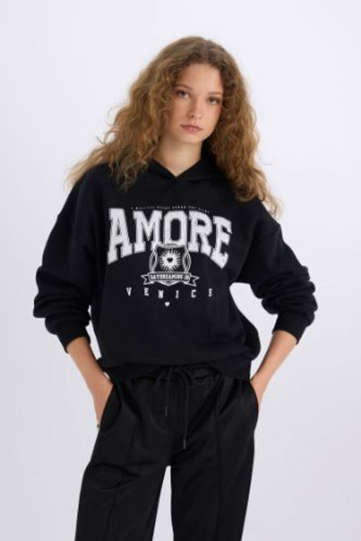 Loose Fit Kapusonlu Bask?l? Kal?n Kumas Sweatshirt