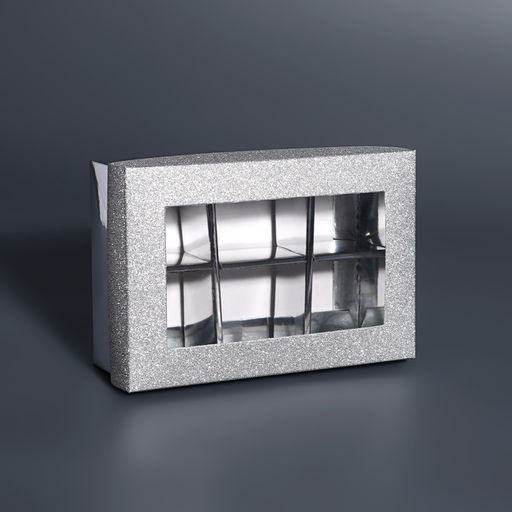 Цена за 5 шт. Коробка подарочная для 6 конфет серебро глиттер, с окном, 12×8.5×4 см