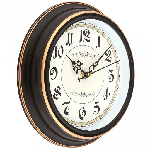 Часы настенные "Вензель" д19-22,5см, h4см, мягкий ход, циферблат белый/бежевый; цифры арабские, черный; корпус пластик, черный, полоски медного цвета; в коробке (Китай)