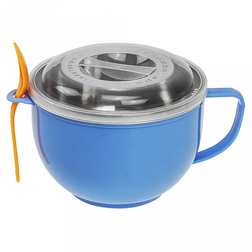 Ланч-бокс из нержавеющей стали 1л, д14,5см h10см, пластмассовый корпус с 1 ручкой, пластмассовая крышка и ложка, цвета микс, цветная коробка (Китай)