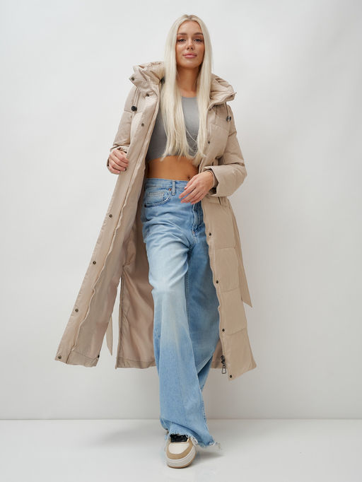 Пальто утепленное стеганное зимнее с капюшоном женское бежевого цвета 9605B - Mtforce фото 16