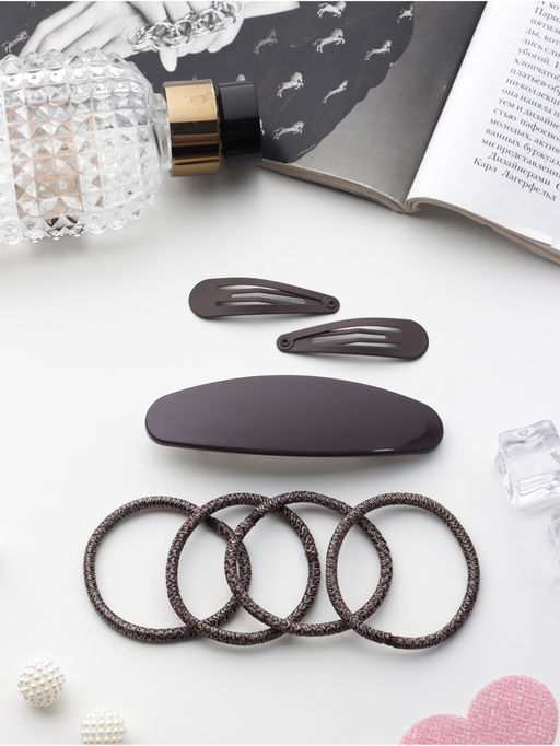 Цена за 6 шт. Набор для волос QF «Авиталь», 4 резинки 6.5 см, заколка - автомат 9 см, 2 заколки 4.5 см, коричневый