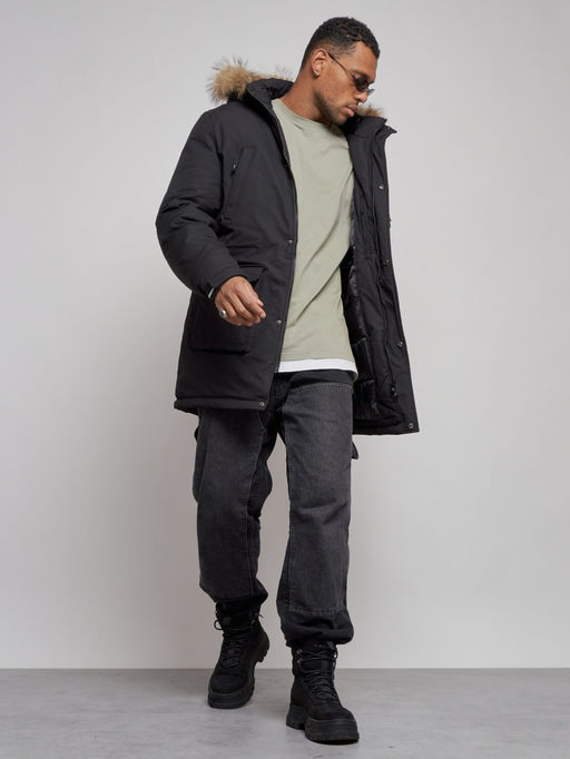 Парка мужская зимняя удлиненная с мехом черного цвета 8318Ch - Wonderrman фото 13