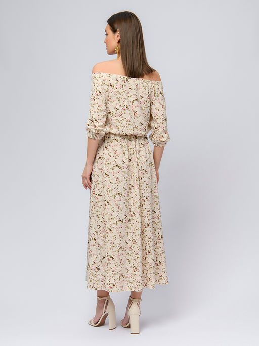Платье бежевое с цветочным принтом и пышными рукавами - 1001dress фото 3