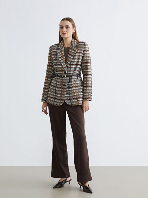 Ekose Kemerli Kad?n T?vit Blazer Ceket