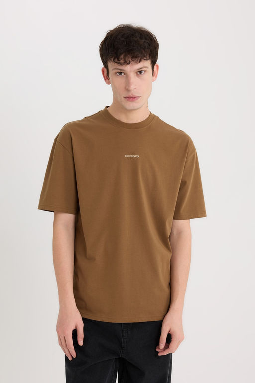 %100 Pamuk Boxy Fit Bisiklet Yaka S_rt Bask_l_ K_sa Kollu Ti__rt - Defacto фото 3