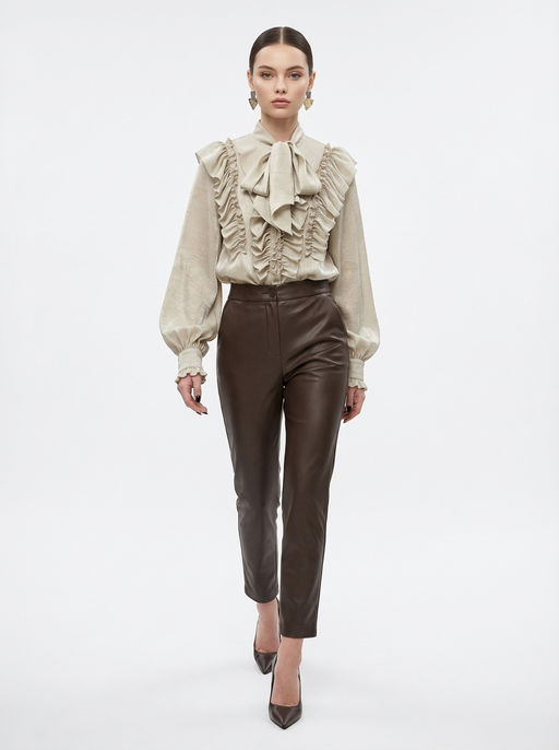 Блузка с рюшами и воротником-завязка OD-988-2 бежевый