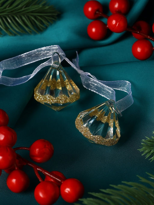 Цена за 2 шт. Ёлочные игрушки 2 шт. Зимнее волшебство. Льдинка капельки блеск, 33 см, прозрачно-золотой  фото 7