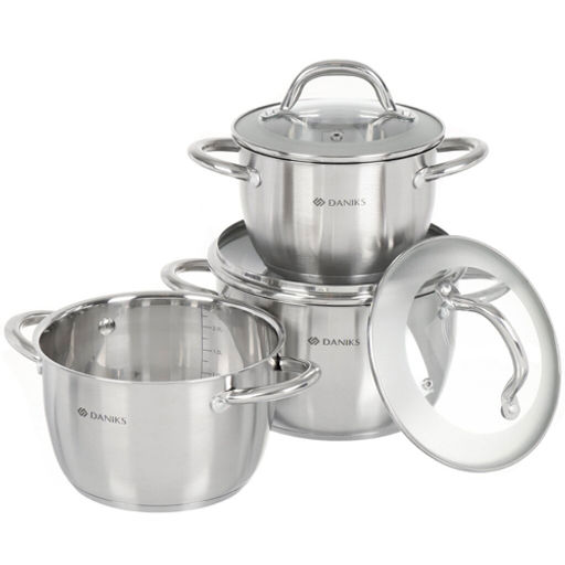 Набор посуды нерж. сталь, 6 предметов, кастрюли 1.9, 2.7, 3.7 л, индукция, Daniks, Перл, GS-01205-6  фото 2