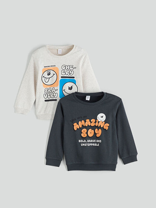 Bisiklet Yaka Bask?l? Erkek ?ocuk Sweatshirt 2li