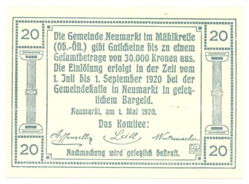 Банкнота 20 геллеров 1920 года Австрия  Нотгельд