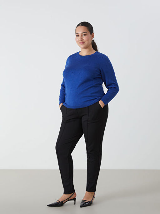 Bisiklet Yaka Kendinden Desenli Uzun Kollu Kad?n Triko Kazak