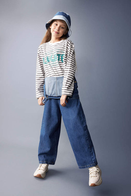 Футболка оверсайз с круглым вырезом и длинными рукавами для девочек - Defacto фото 2