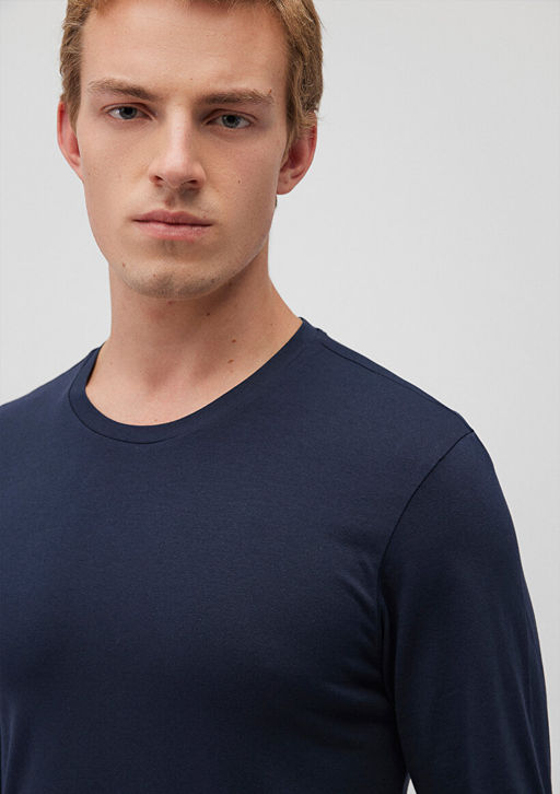 Uzun Kollu Lacivert Basic Tisort - Mavi фото 6