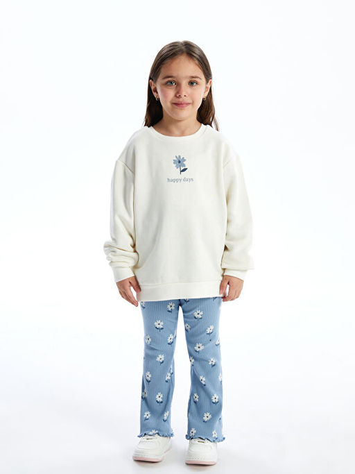 Bisiklet Yaka ?i?ekli K?z Bebek Sweatshirt ve Tayt 2li