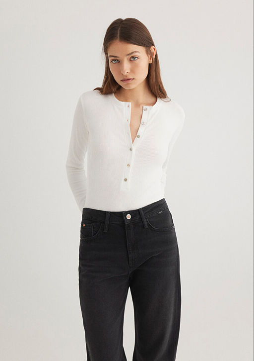 Uzun Kollu Dugme Detayl? Ekru Tisort - Mavi фото 2