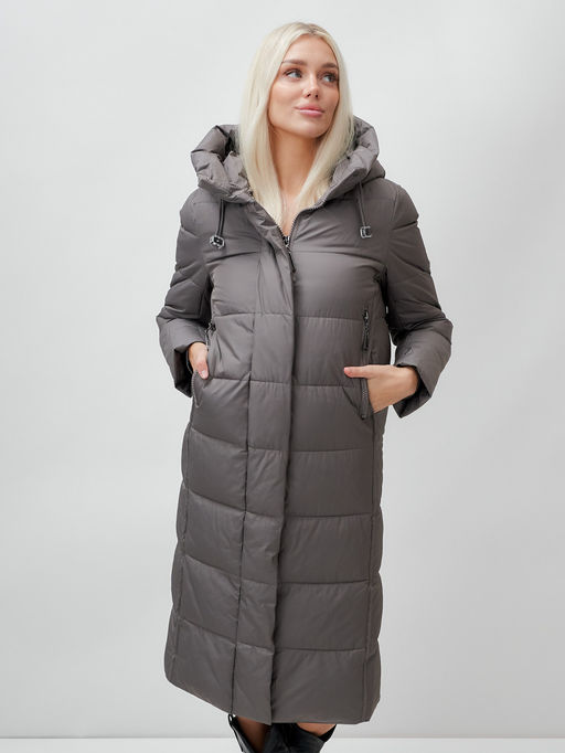 Пальто утепленное стеганное зимнее с капюшоном женское темно-серого цвета 9606TC