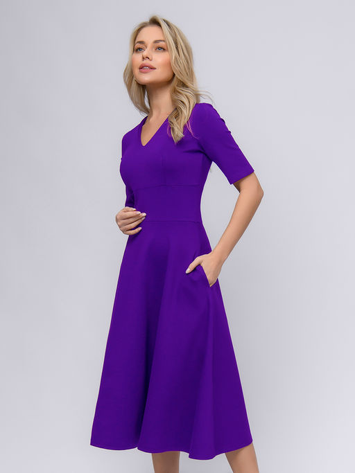 Платье фиолетовое длины миди с глубоким вырезом и рукавами 1/2 - 1001dress фото 4