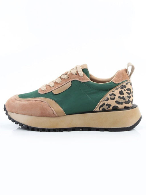 04-PDJ96-2 BEIGE/GREEN Кроссовки демисезонные женские (натуральная замша, натуральная кожа, текстиль)