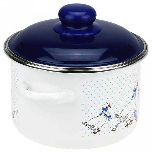 Гуси Кастрюля эмалированная 2л, цилиндрическая форма, металлическая крышка, белый (Россия) - Домашняя мода фото 3