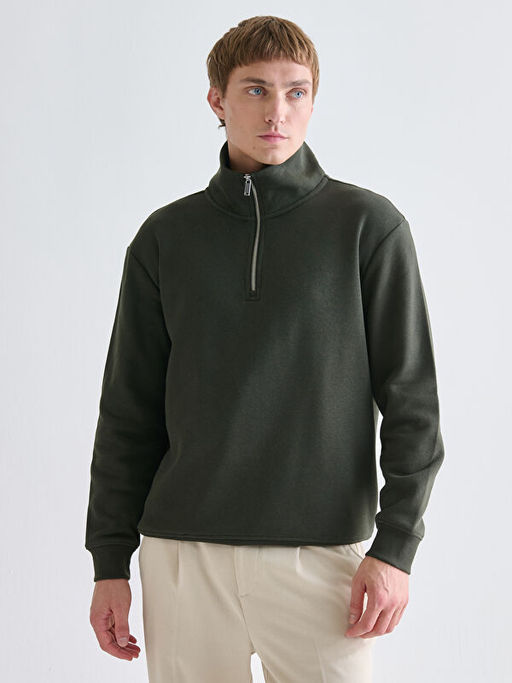 Fermuarl? Dik Yaka Erkek Kal?n Sweatshirt