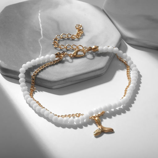 Браслет на ногу QF «Хвост» русалки, два ряда белый в золоте, 28.5 см