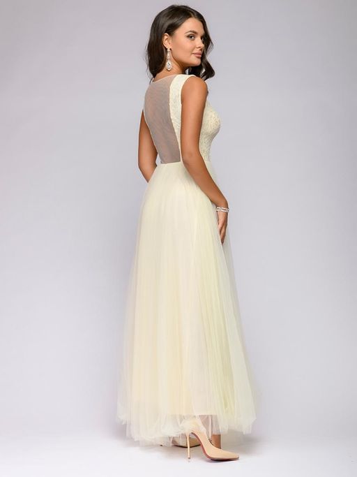 Платье белое длины макси с кружевной отделкой без рукавов - 1001dress фото 3