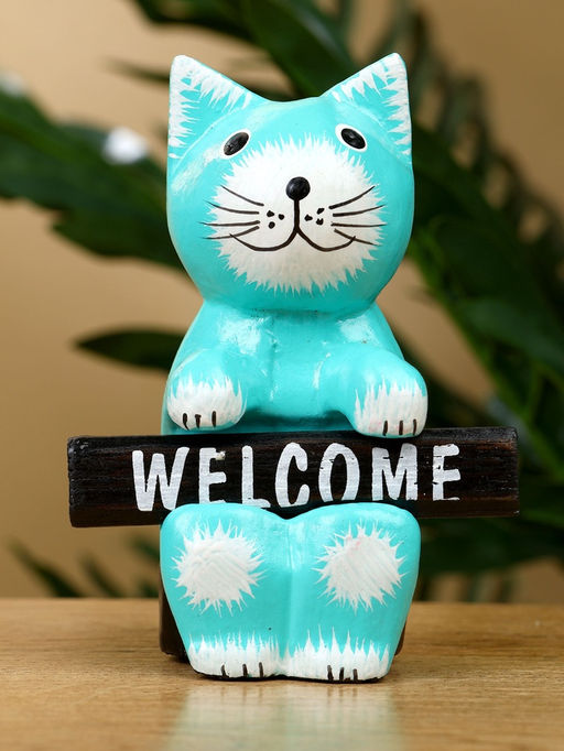 Сувенир «Кот с табличкой WELCOME», 8×4×10 см, дерево, бирюзовый