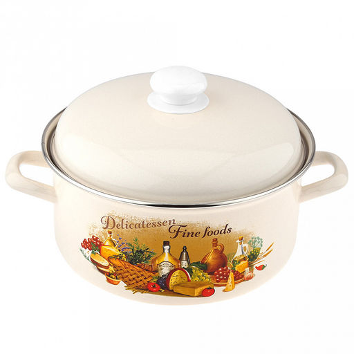"Италия" Кастрюля эмалированная 4,5л, форма цилиндрическая, металлическая крышка, жемчужный (Россия)