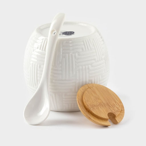 Набор фарфоровый сервировочный BellaTenero, 4 предмета: молочник 250 мл, сахарница с крышкой 250 мл, ложка, бамбуковая подставка, белая  фото 6