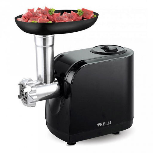 Мясорубка электрическая "Kelli", пластмассовый корпус, функция обратного хода, нож из высококачественной нержавеющей стали, прочный металлический шнек, пластиковый толкатель, пластиковый загрузочный лоток, 3 насадки: д3мм, д5мм, д7мм - для фарша, дом